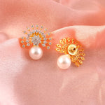 Load image into Gallery viewer, 18 Kt Gold Plated Pearl &amp; Cubic Zirconia Studded Sunburst Pendant Necklace Set
