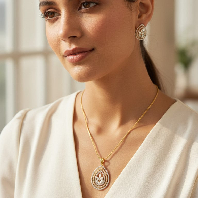 18 Kt Gold Plated Pearl & Cubic Zirconia Studded Pendant Necklace Set