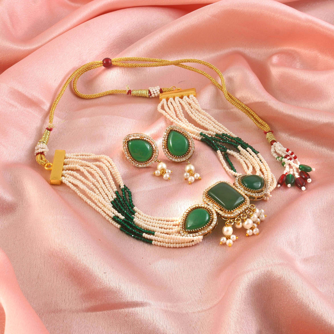 Elegant Pearl Multi-Strand Choker Jewellery Set with Matching Earrings