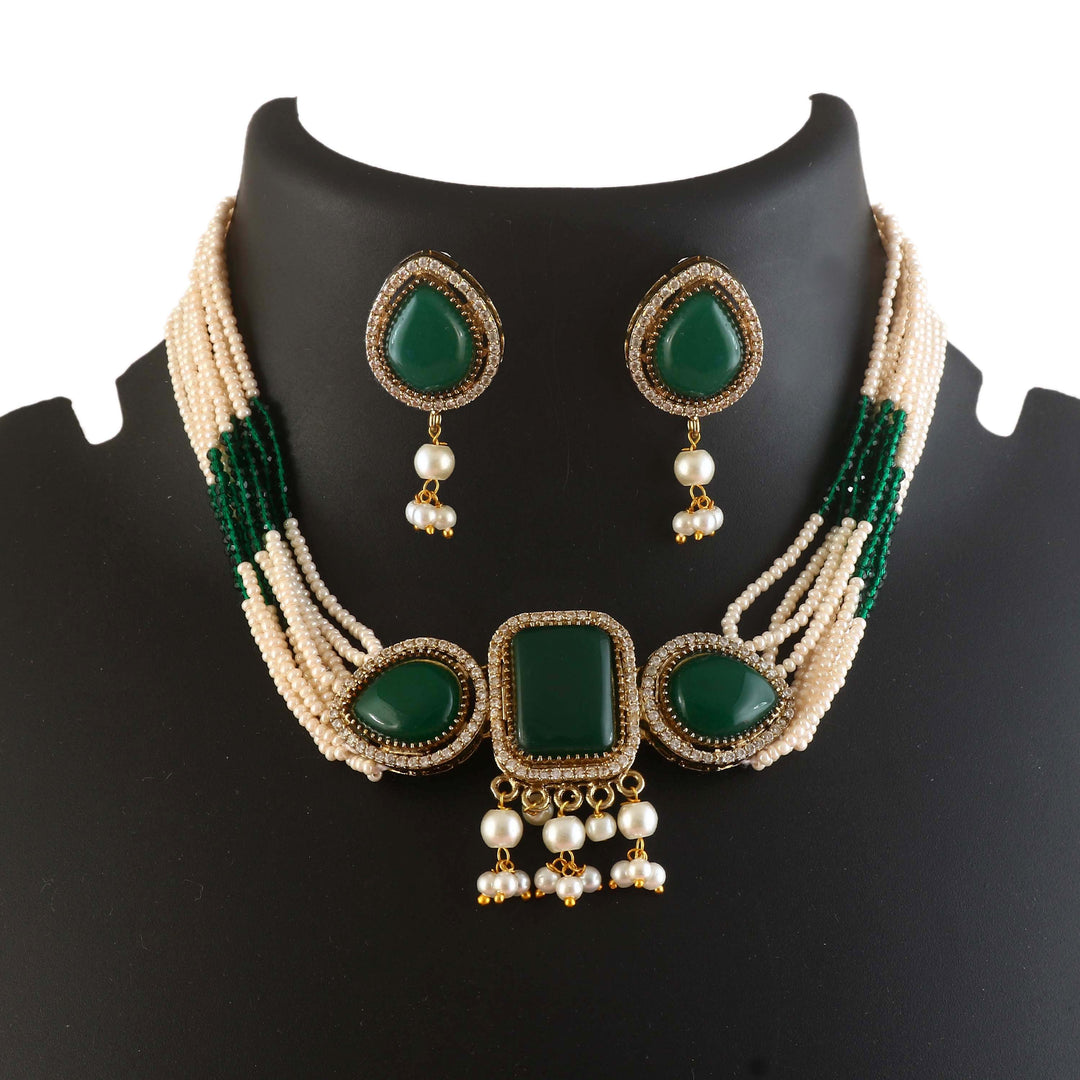 Elegant Pearl Multi-Strand Choker Jewellery Set with Matching Earrings