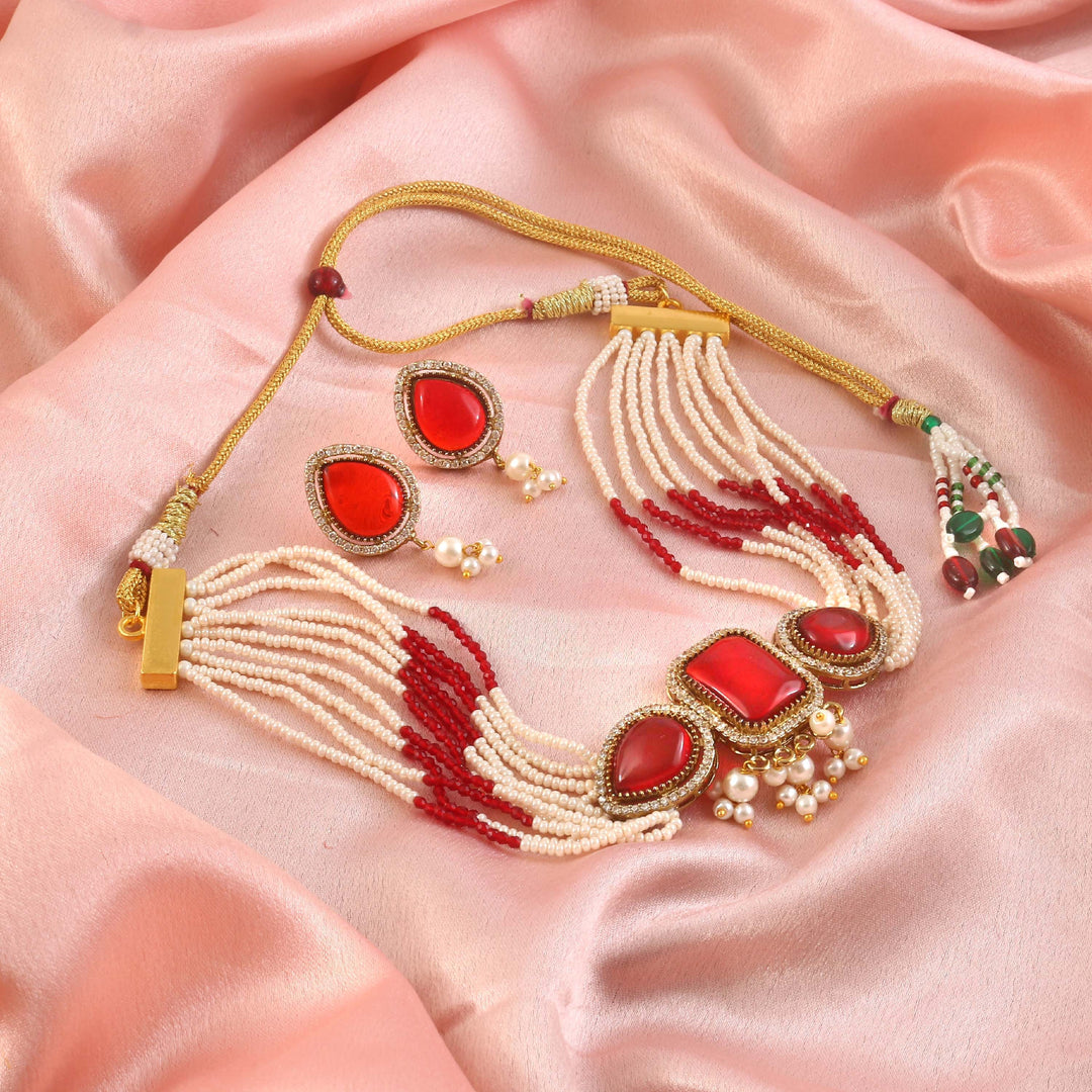 Elegant Pearl Multi-Strand Choker Jewellery Set with Matching Earrings