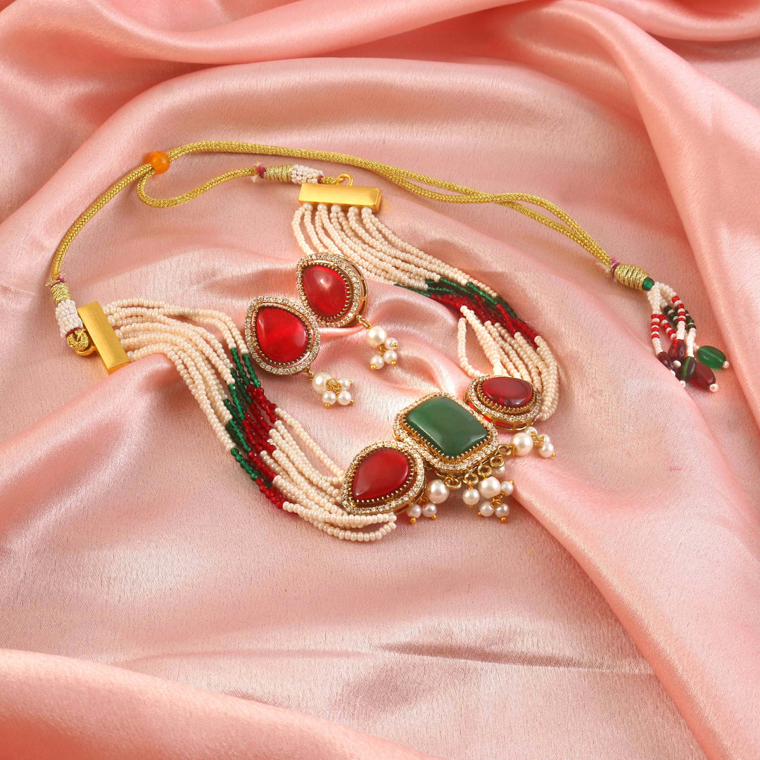 Elegant Pearl Multi-Strand Choker Jewellery Set with Matching Earrings