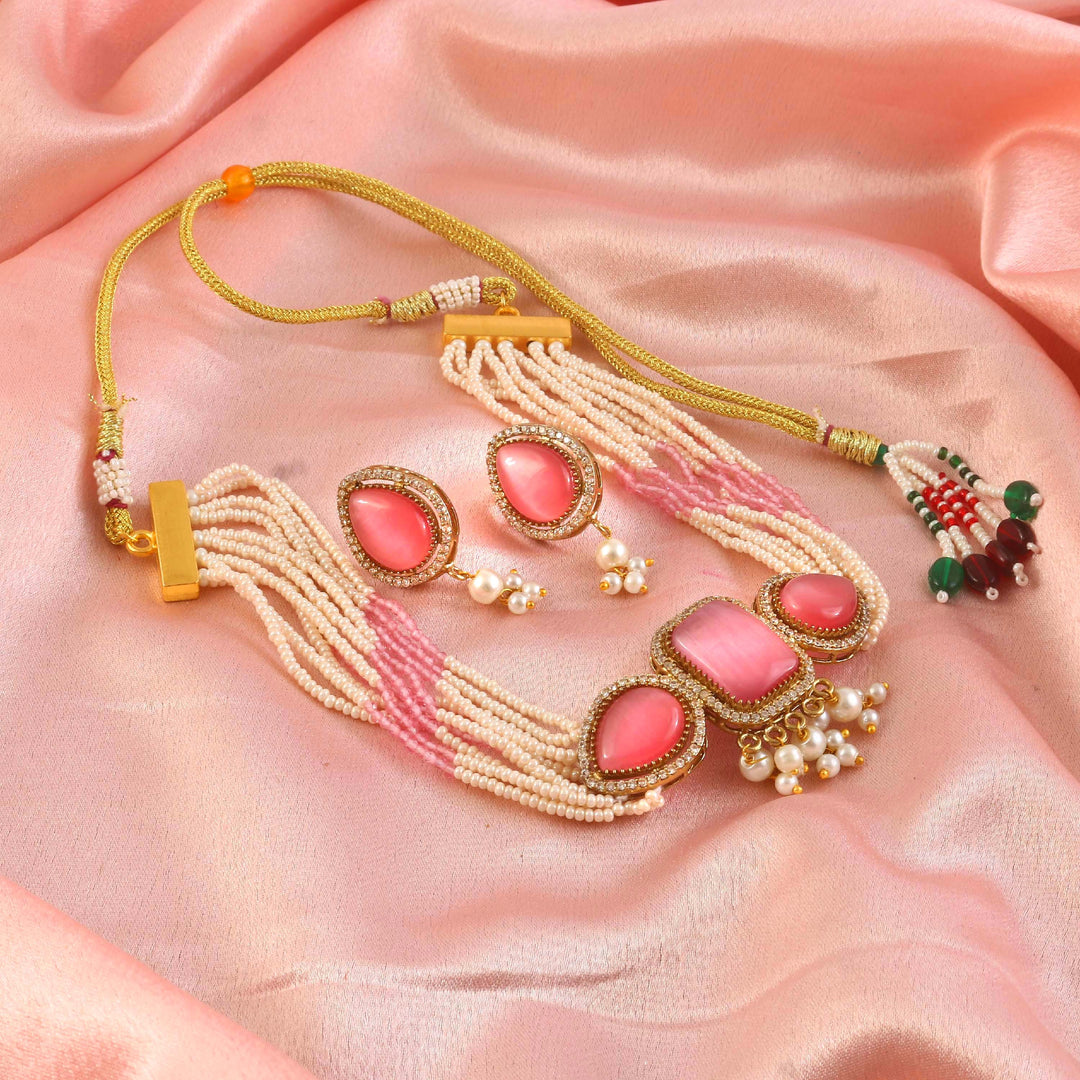 Elegant Pearl Multi-Strand Choker Jewellery Set with Matching Earrings