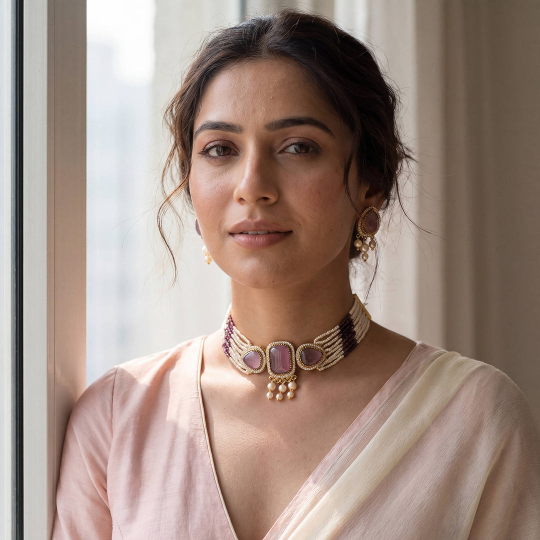 Elegant Pearl Multi-Strand Choker Jewellery Set with Matching Earrings