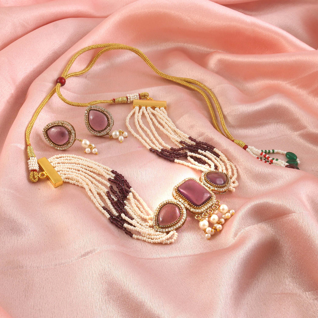 Elegant Pearl Multi-Strand Choker Jewellery Set with Matching Earrings