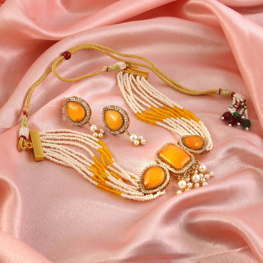 Elegant Pearl Multi-Strand Choker Jewellery Set with Matching Earrings