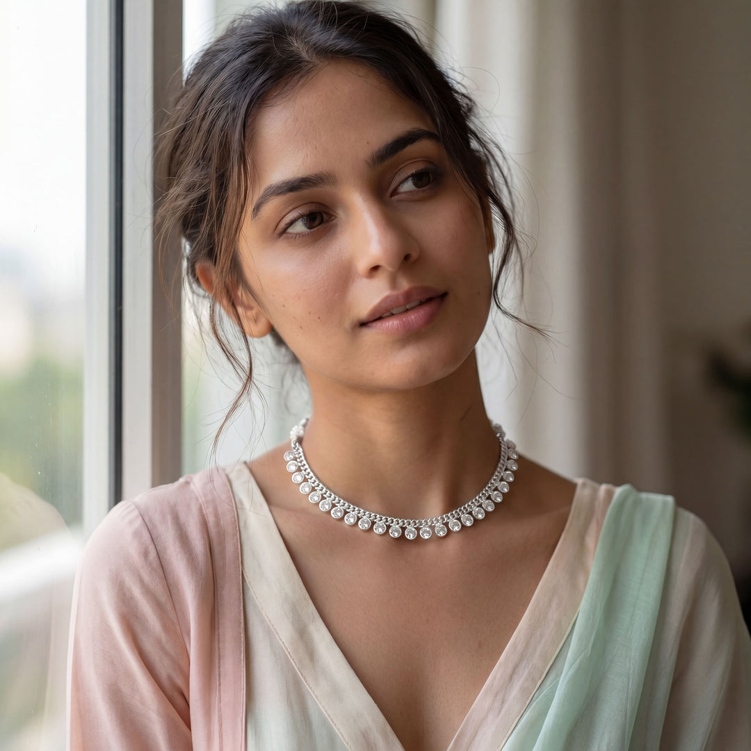 Silver-Plated Sparkling CZ Stone Choker Necklace with Adjustable Thread Closure