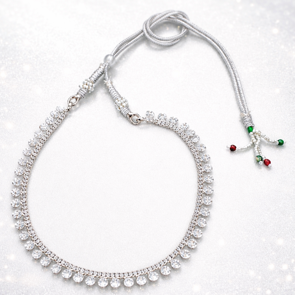 Silver-Plated Sparkling CZ Stone Choker Necklace with Adjustable Thread Closure