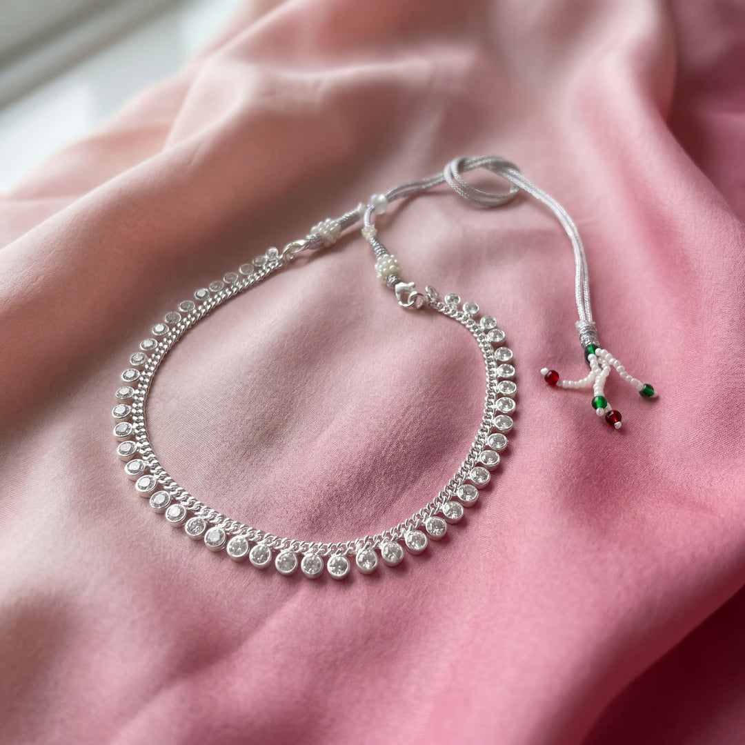 Silver-Plated Sparkling CZ Stone Choker Necklace with Adjustable Thread Closure