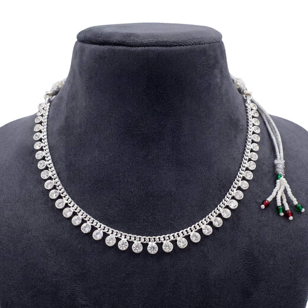 Silver-Plated Sparkling CZ Stone Choker Necklace with Adjustable Thread Closure