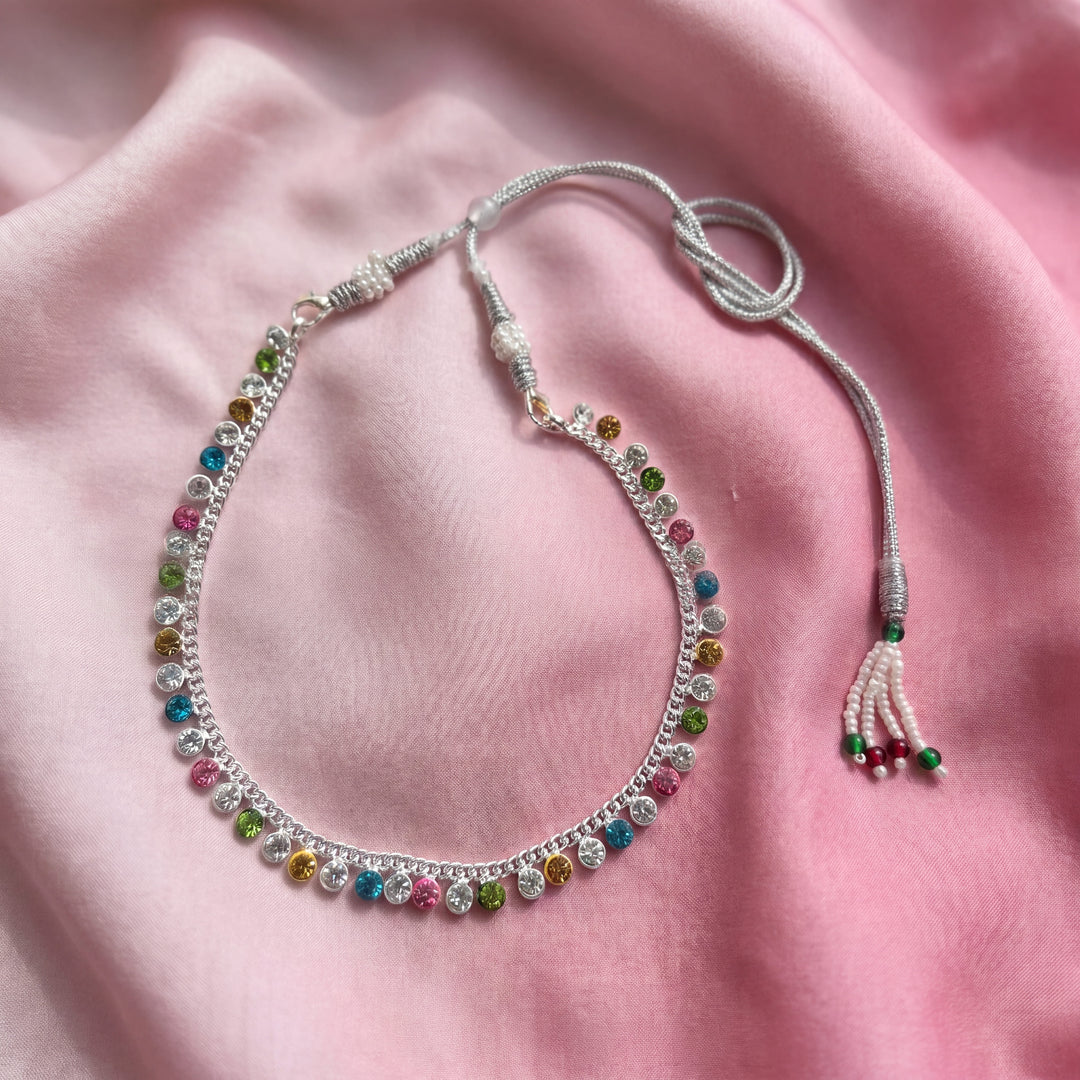 Multi Color Silver-Plated Sparkling CZ Stone Choker Necklace with Adjustable Thread Closure