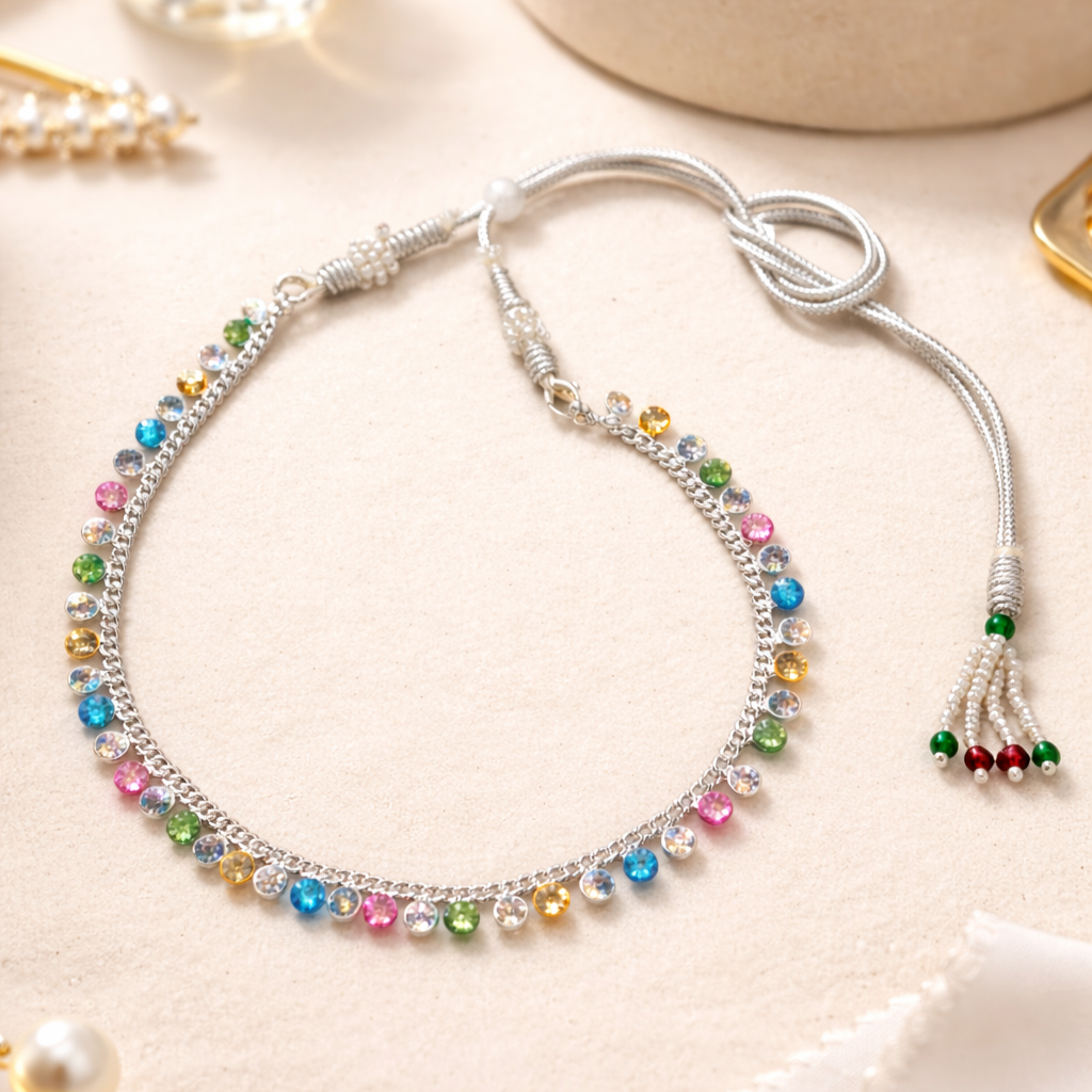 Multi Color Silver-Plated Sparkling CZ Stone Choker Necklace with Adjustable Thread Closure