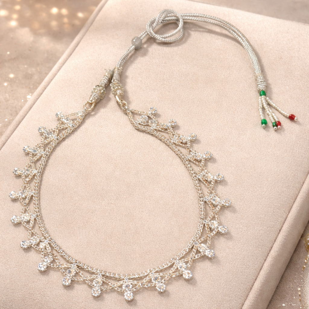 Silver-Plated Sparkling CZ Stone Choker Necklace with Adjustable Thread Closure
