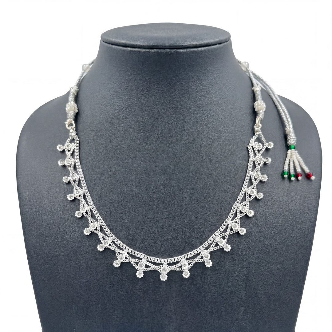 Silver-Plated Sparkling CZ Stone Choker Necklace with Adjustable Thread Closure