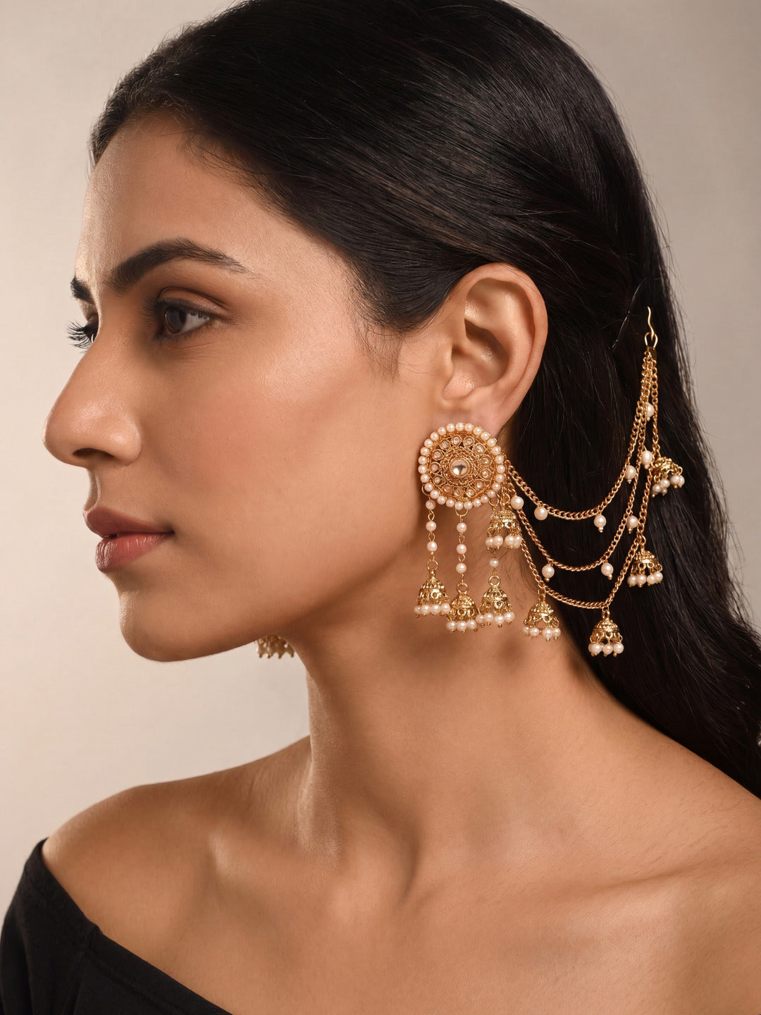 Gold-Toned & White Classic Jhumkas