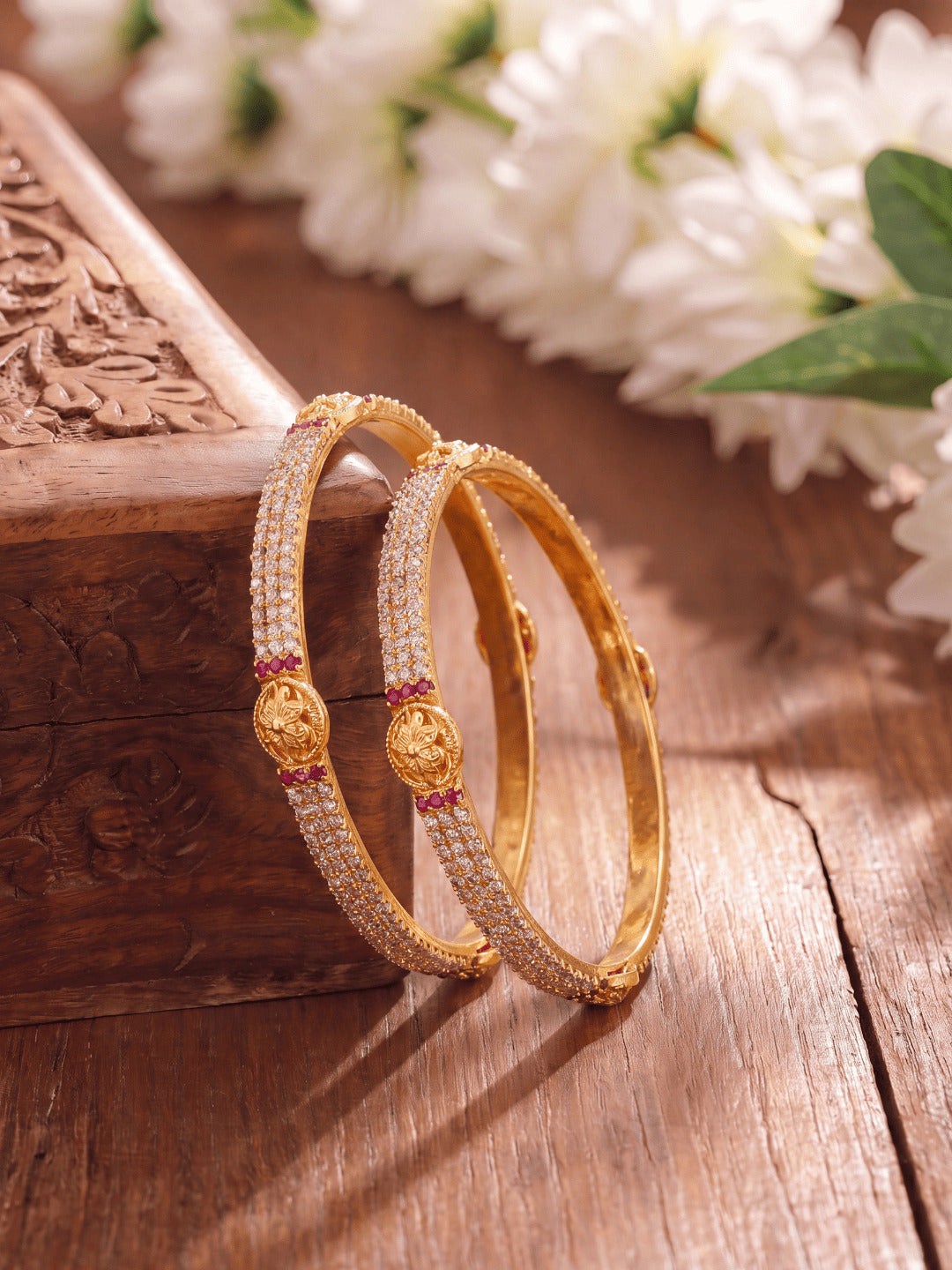 Women Gold-Plated American Diamond Studded Bangles Set of 2