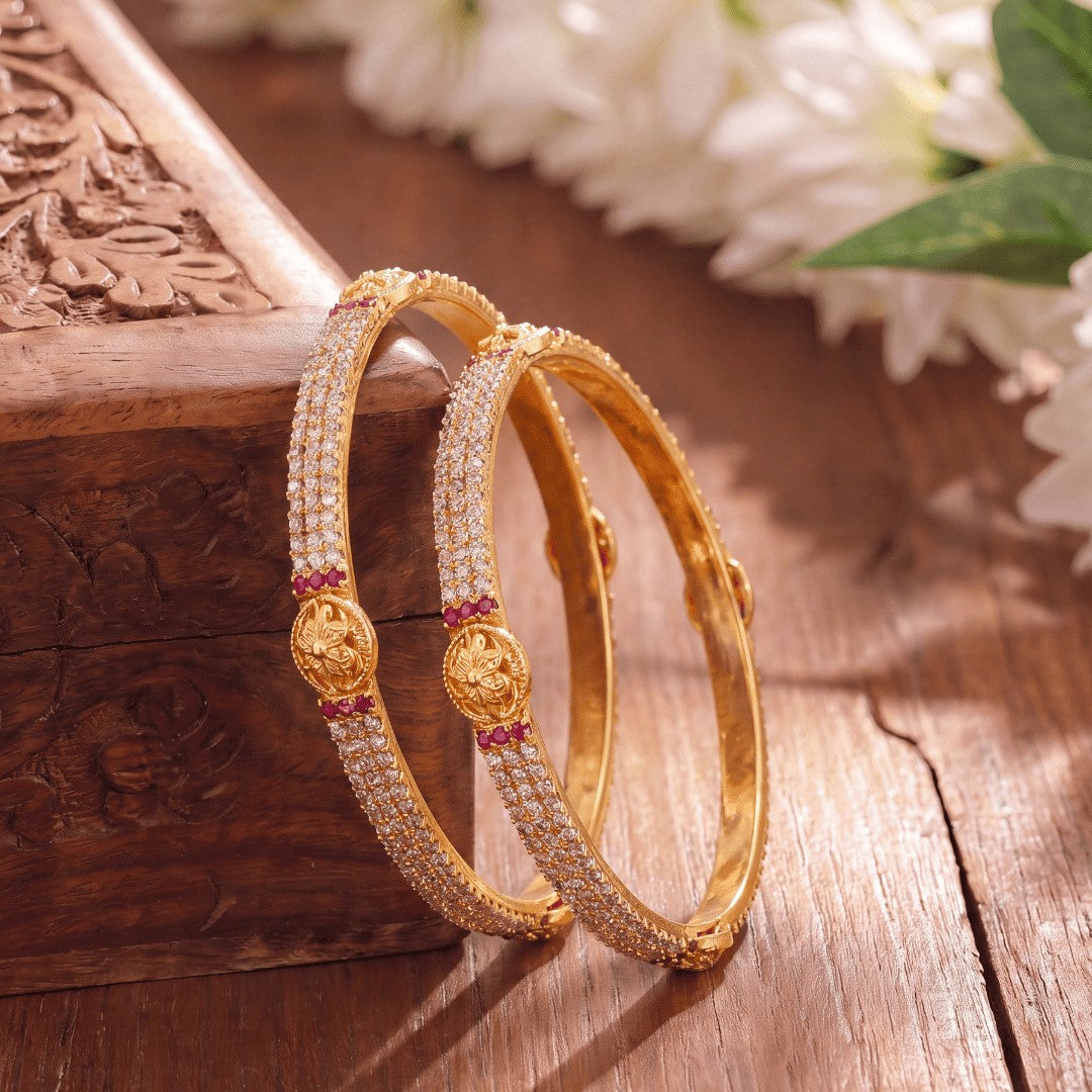 Women Gold-Plated American Diamond Studded Bangles Set of 2
