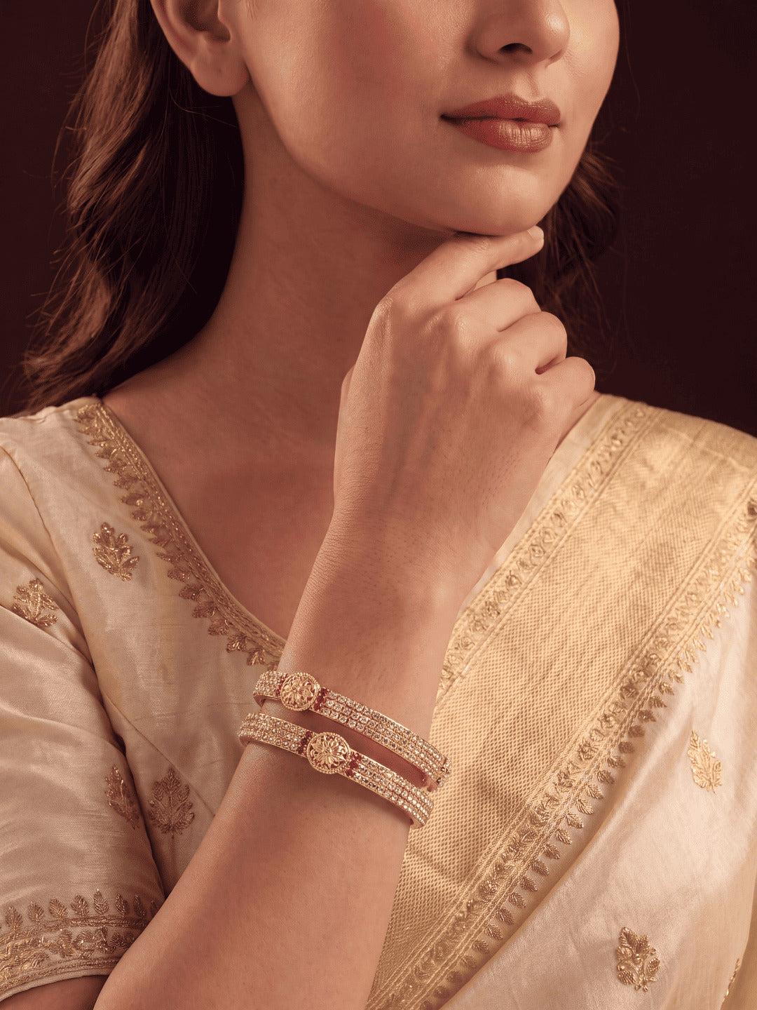 Women Gold-Plated American Diamond Studded Bangles Set of 2