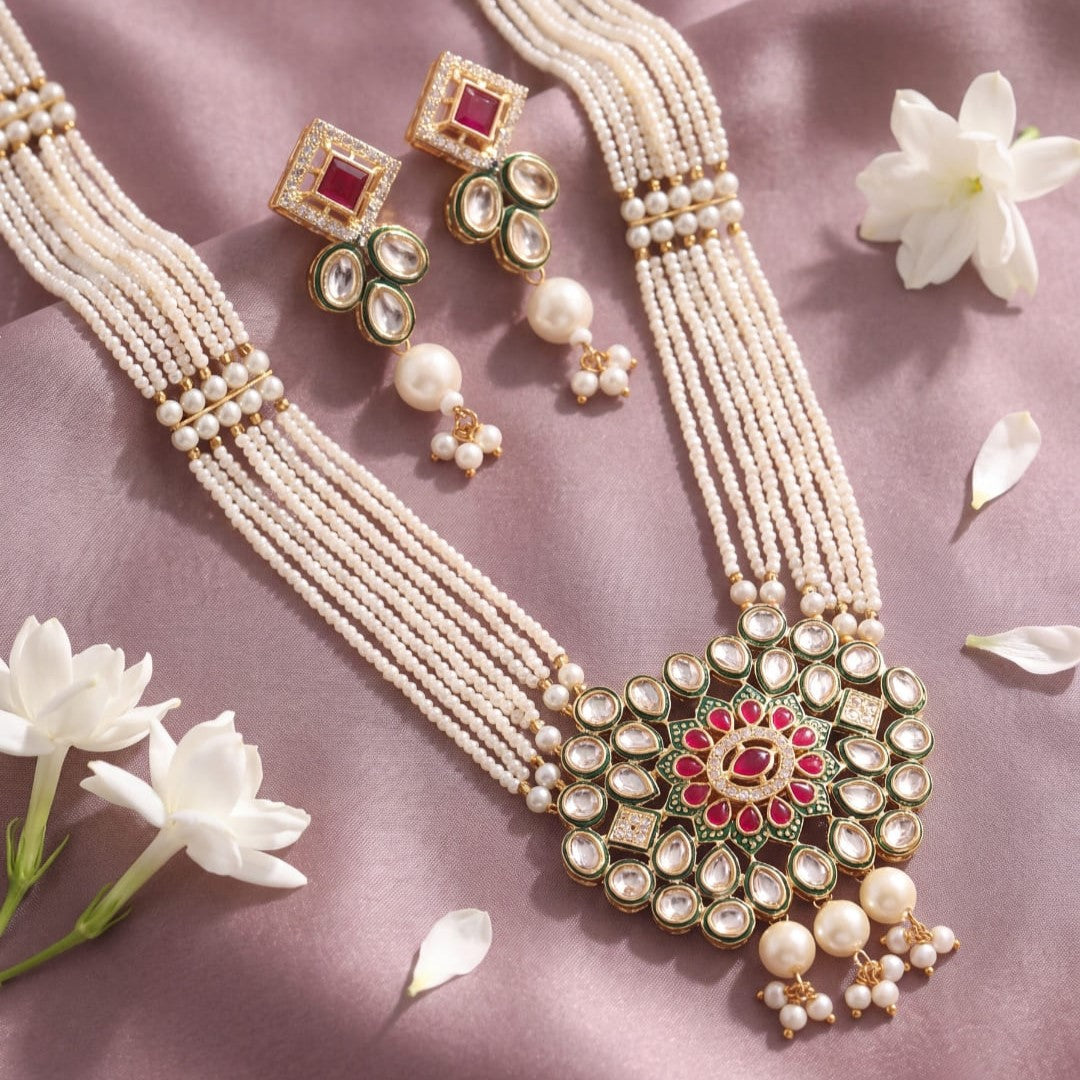 Gold-Plated & White Kundan Stone-Studded Pearl Beaded Jewellery Set
