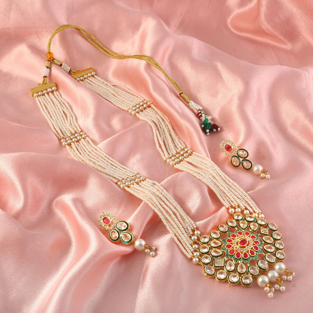 Gold-Plated & White Kundan Stone-Studded Pearl Beaded Jewellery Set