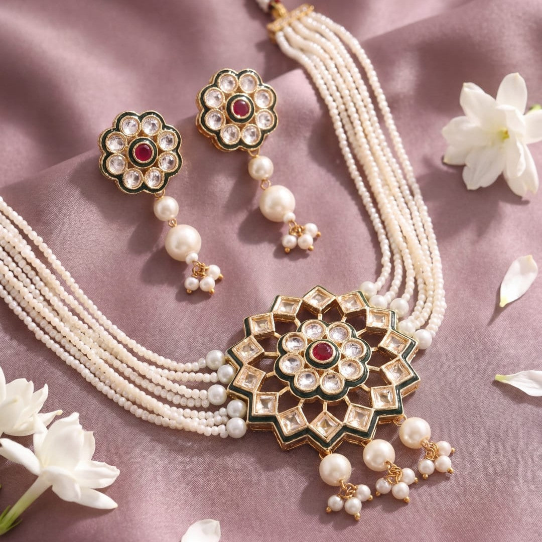 Gold-Plated Kundan-Studded Pearl Beaded Layer Jewellery Set