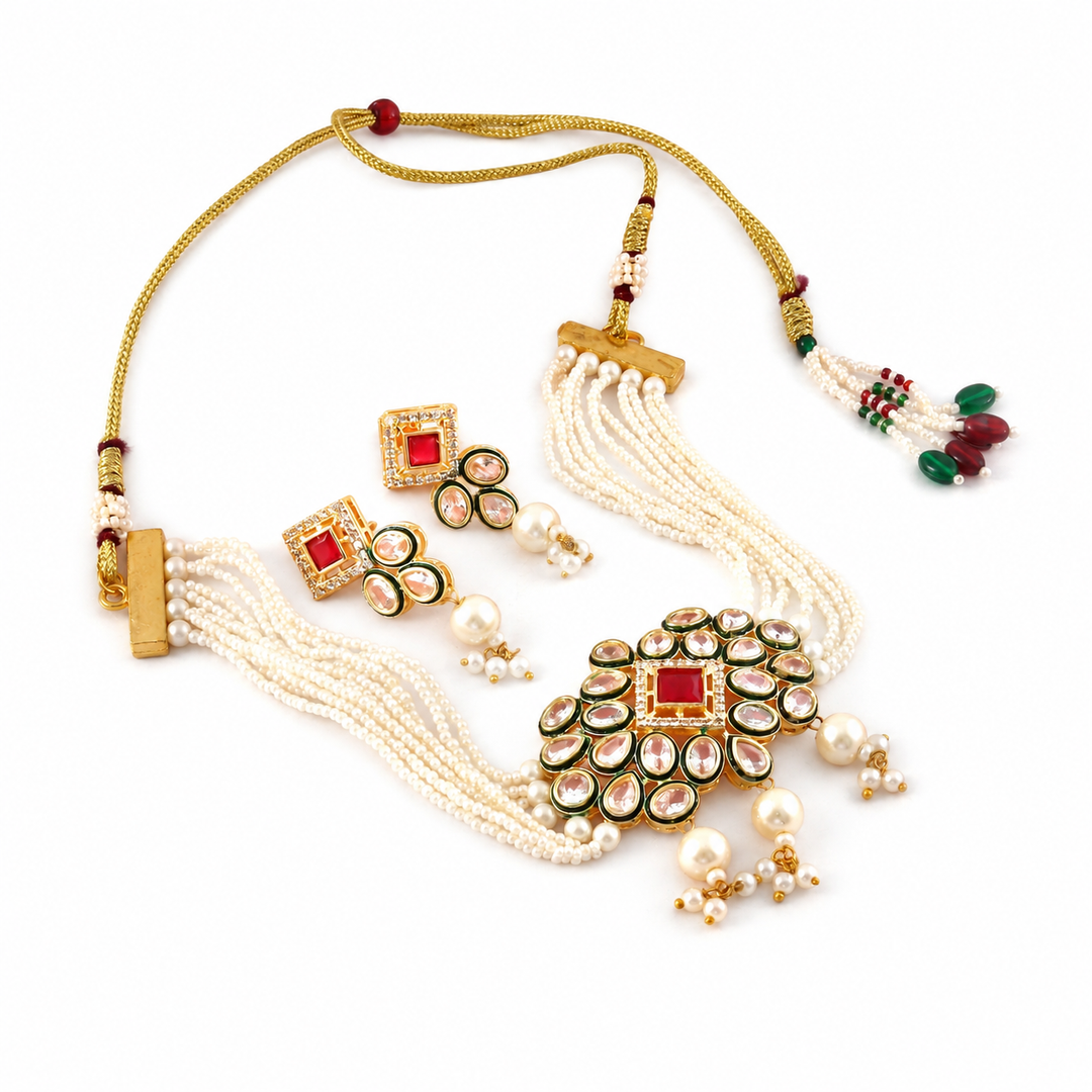 Gold-Plated Kundan-Studded Pearl Beaded Layer Jewellery Set