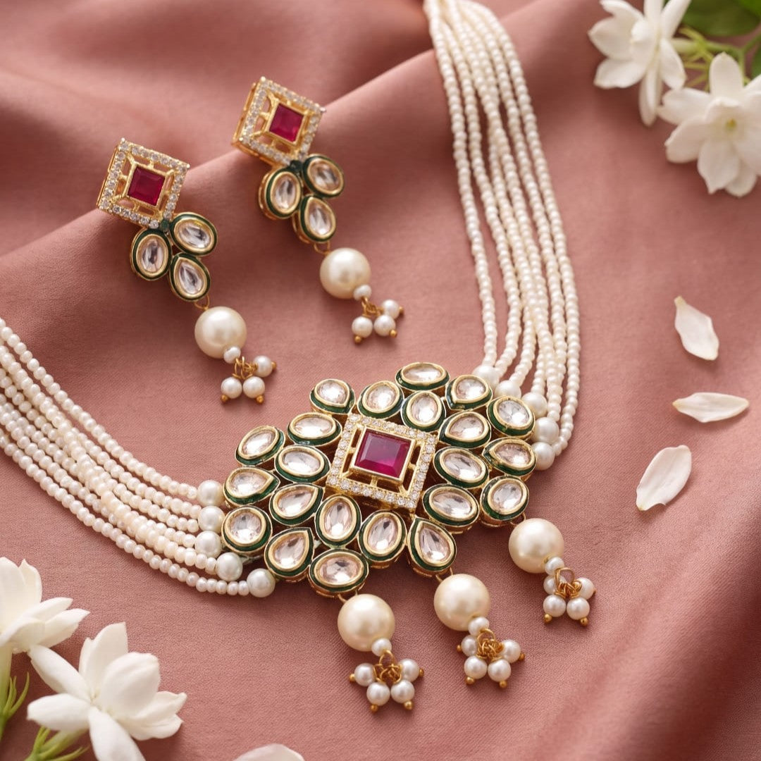 Gold-Plated Kundan-Studded Pearl Beaded Layer Jewellery Set