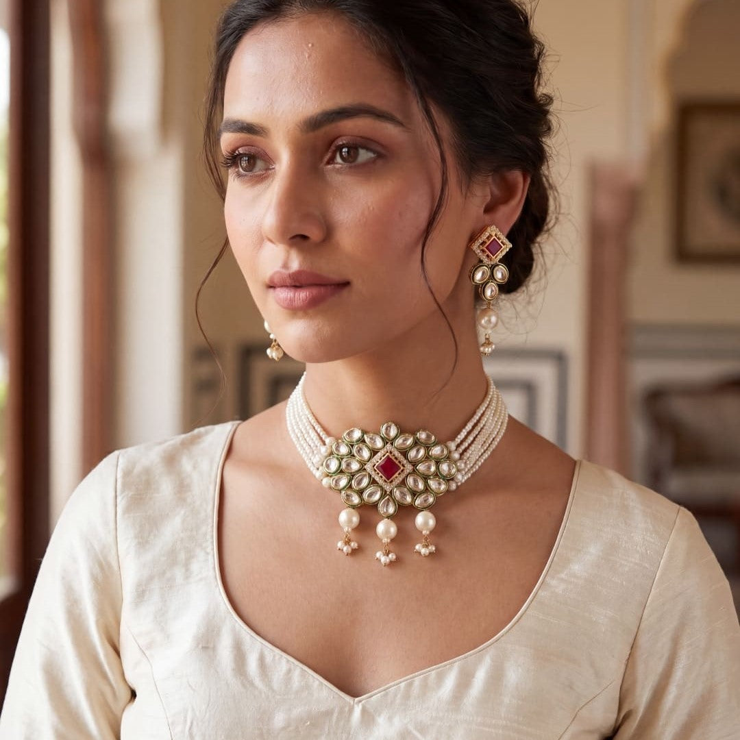 Gold-Plated Kundan-Studded Pearl Beaded Layer Jewellery Set