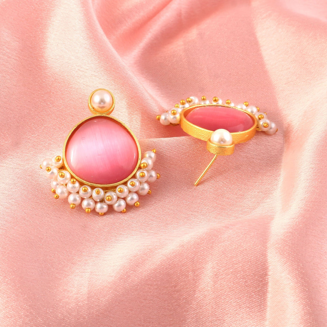 Opal Stone & Pearl Fringe Gold-Toned Stud Earrings