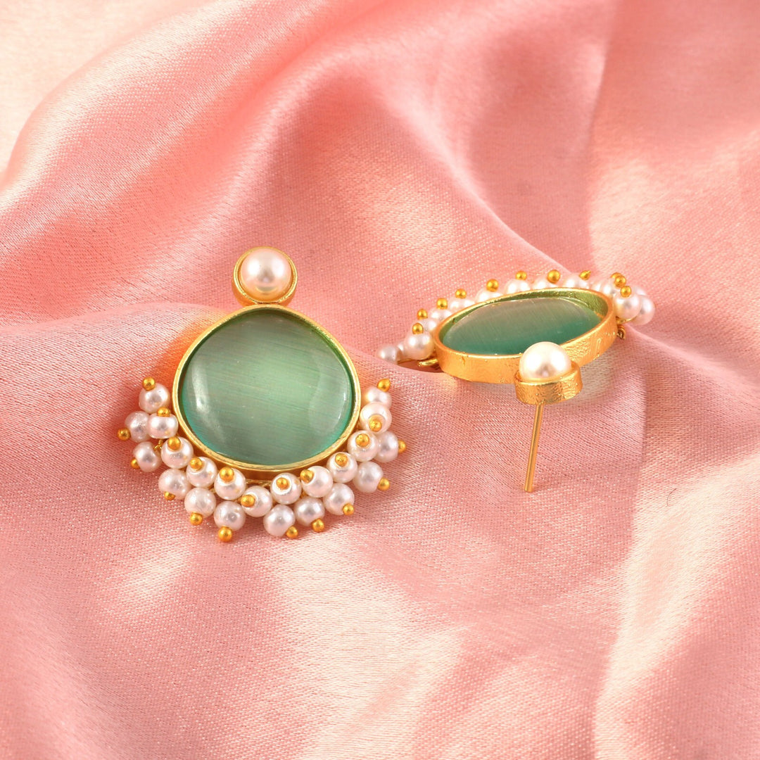 Opal Stone & Pearl Fringe Gold-Toned Stud Earrings