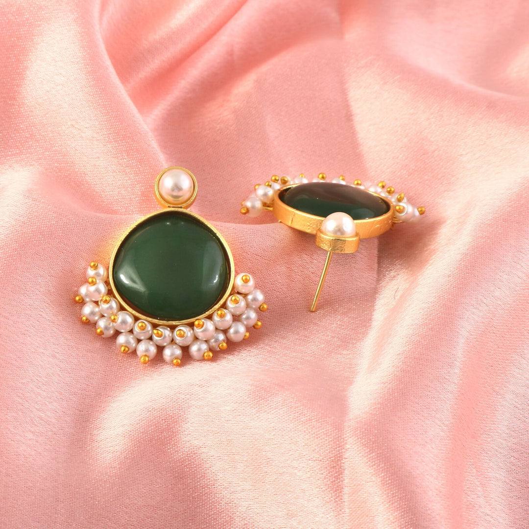Opal Stone & Pearl Fringe Gold-Toned Stud Earrings