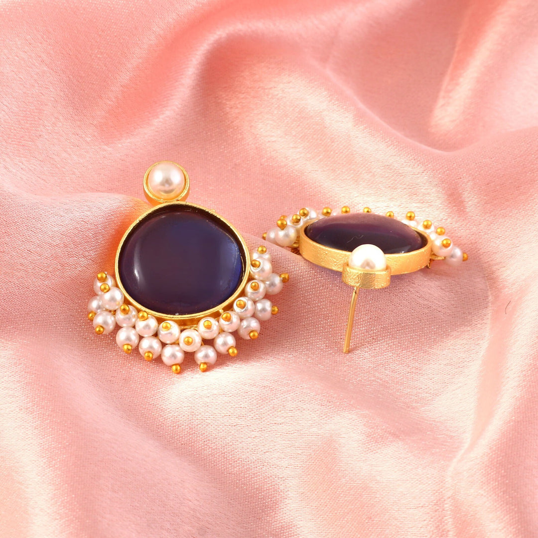 Opal Stone & Pearl Fringe Gold-Toned Stud Earrings