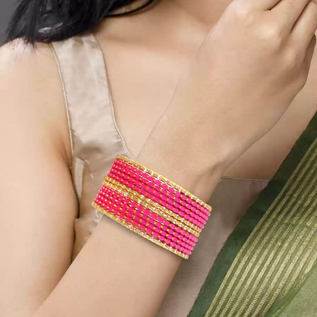 Indian Bollywood Bangle Bracelet Set for Women - 24 Piece (2 Dozen) Multicolor Alloy Gold Tone Stacking Jewelry for Weddings, Parties, Festivals & Gifts (Rani_Pink)