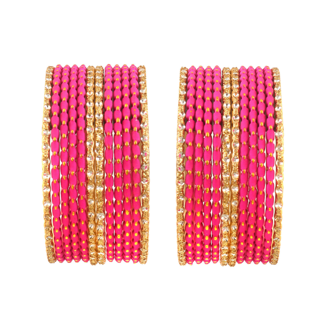 Indian Bollywood Bangle Bracelet Set for Women - 24 Piece (2 Dozen) Multicolor Alloy Gold Tone Stacking Jewelry for Weddings, Parties, Festivals & Gifts (Rani_Pink)