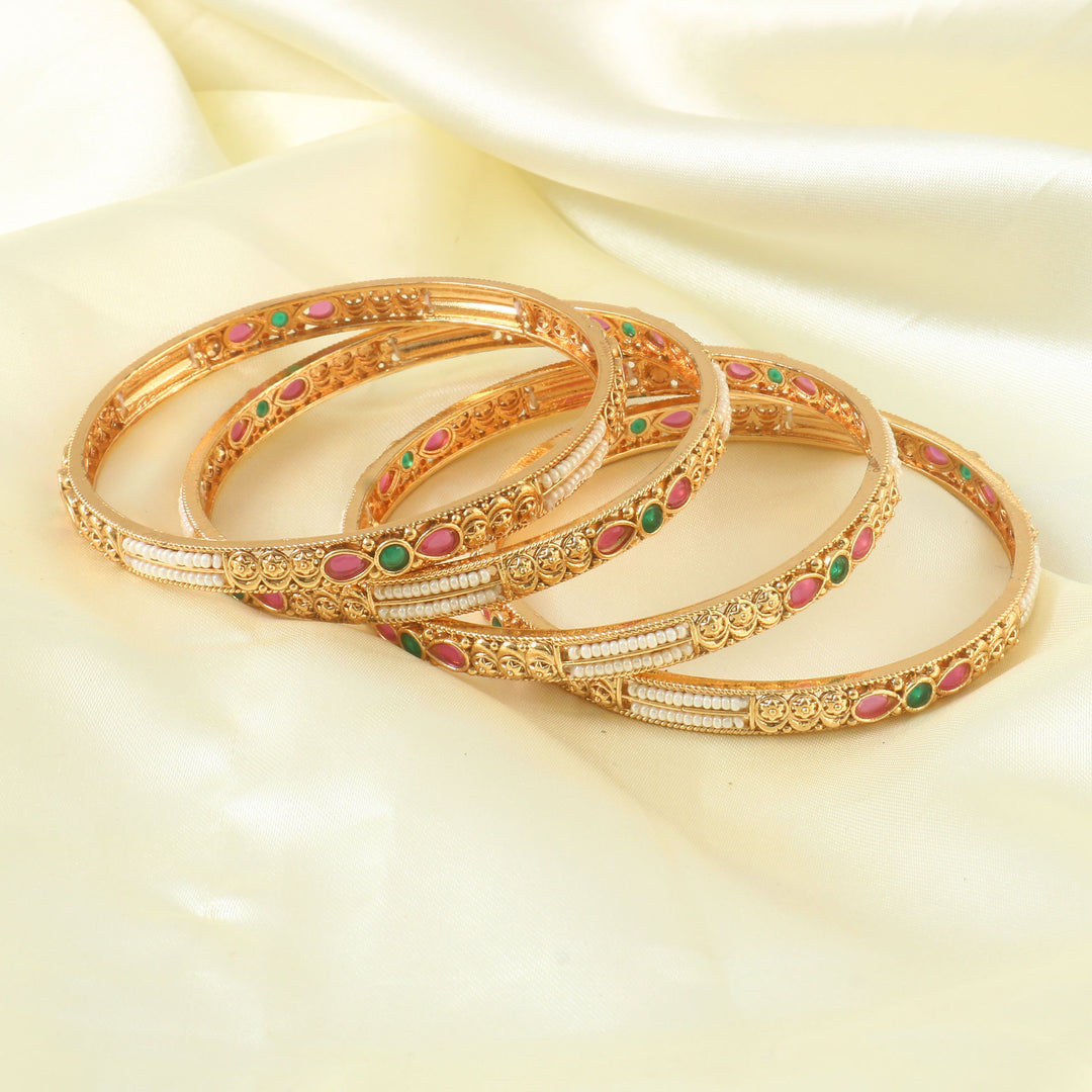 Set Of 4 Gold-Plated Stone-Studded & Pearl Beaded Bangles