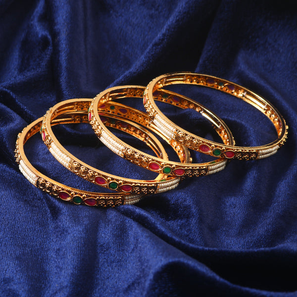 Set Of 4 Gold-Plated Stone-Studded & Pearl Beaded Bangles