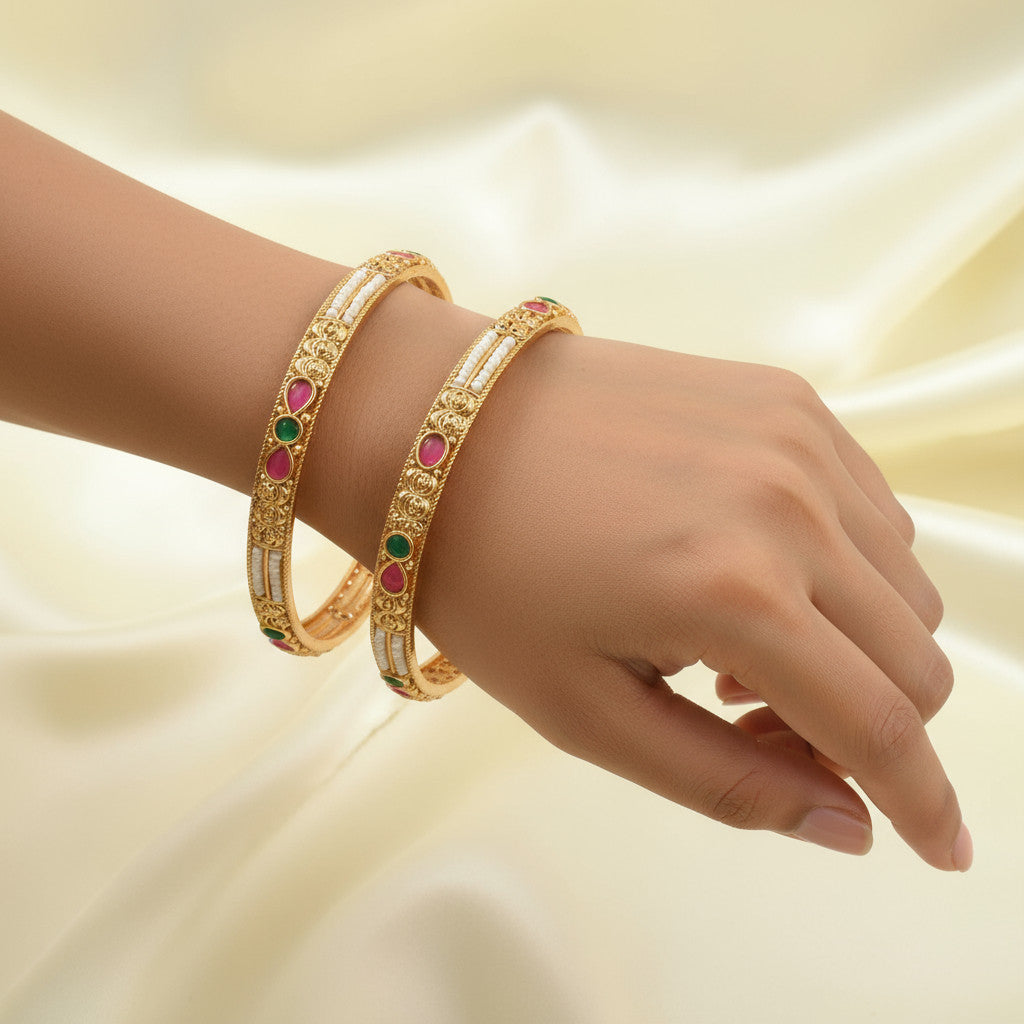 Set Of 4 Gold-Plated Stone-Studded & Pearl Beaded Bangles