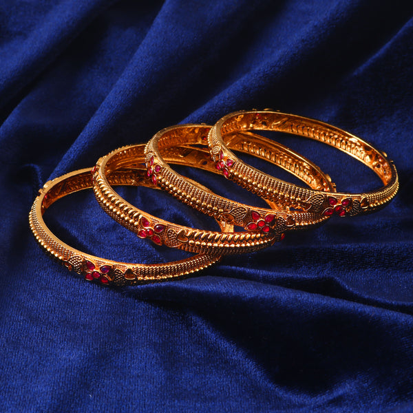 Set Of 4 Gold-Plated Ruby & Kundan-Studded Bangles