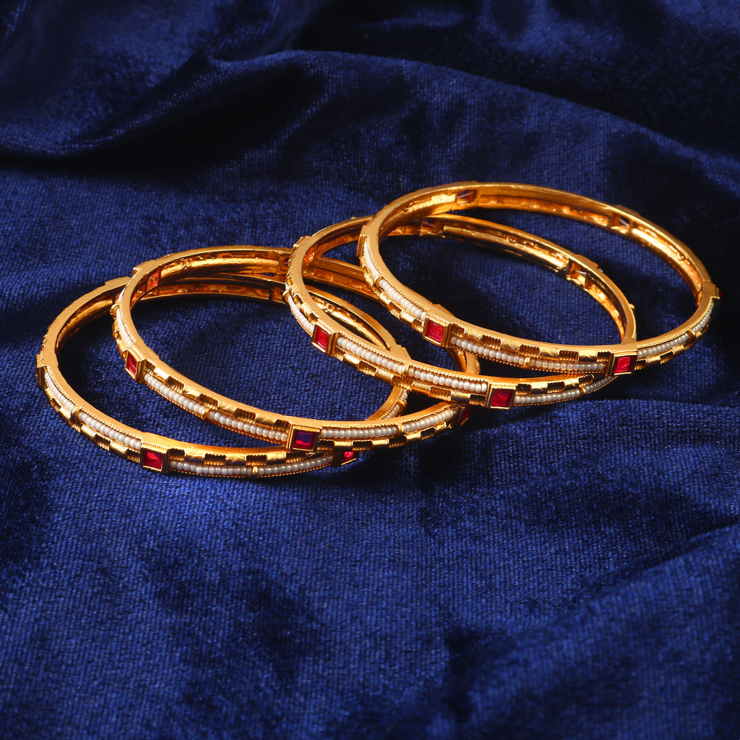 Set Of 4 Gold Plated Artificial Stone Studded & Beaded Bangles
