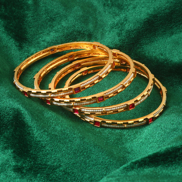 Set Of 4 Gold Plated Artificial Stone Studded & Beaded Bangles