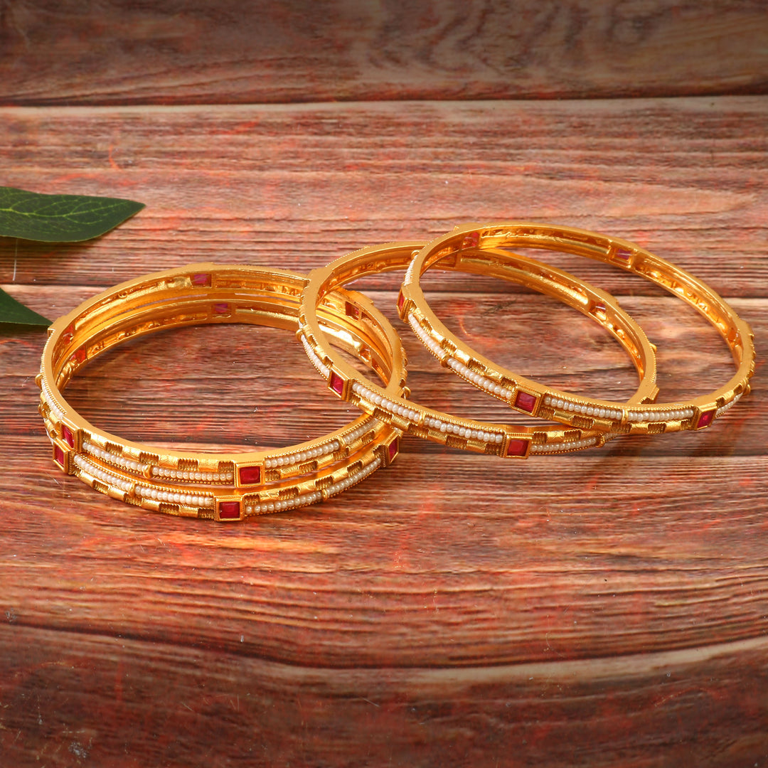 Set Of 4 Gold Plated Artificial Stone Studded & Beaded Bangles