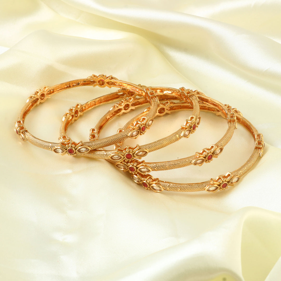 Set Of 4 Gold-Plated Ruby & Kundan-Studded Bangles