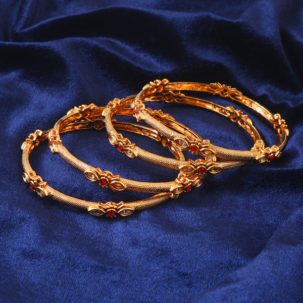 Set Of 4 Gold-Plated Ruby & Kundan-Studded Bangles