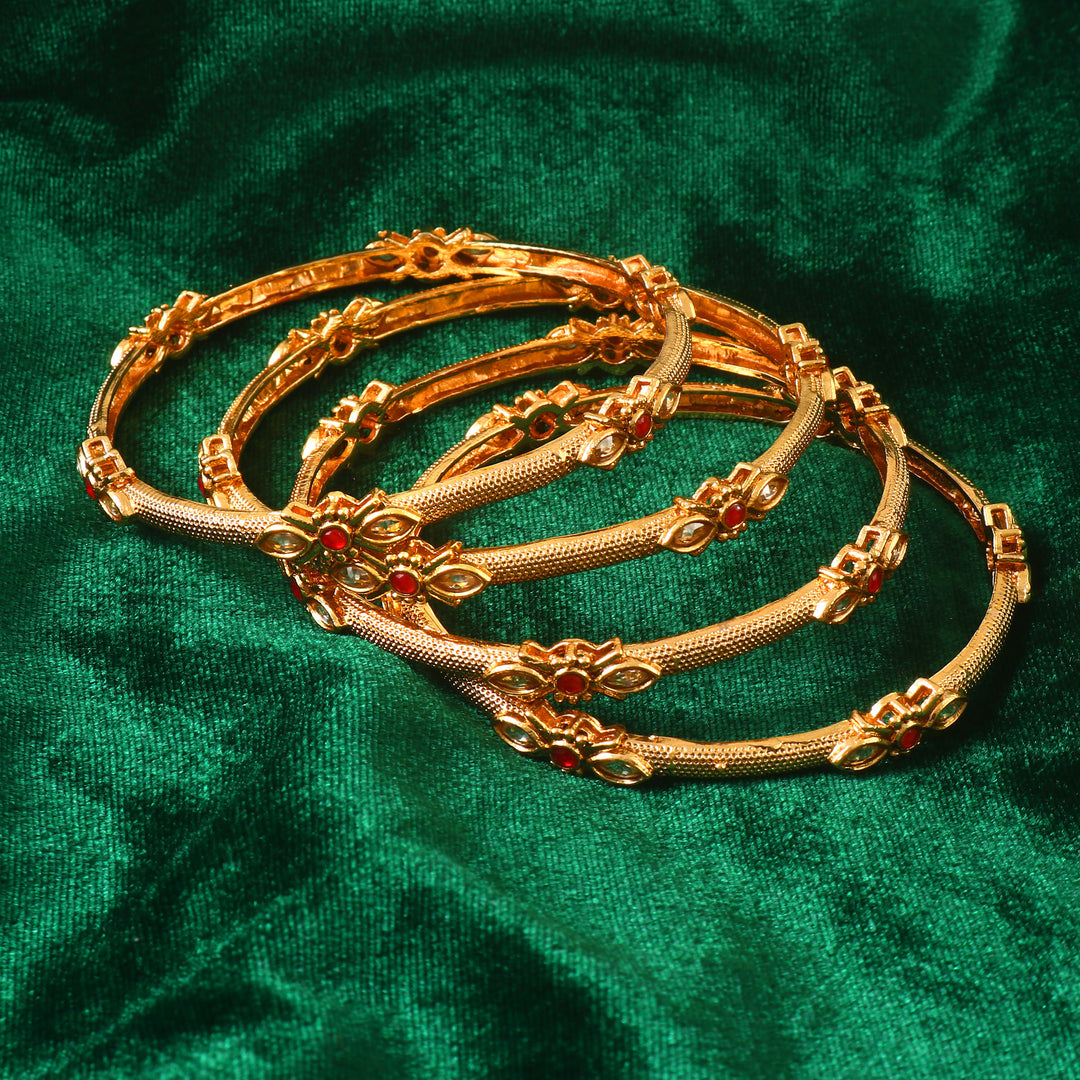 Set Of 4 Gold-Plated Ruby & Kundan-Studded Bangles