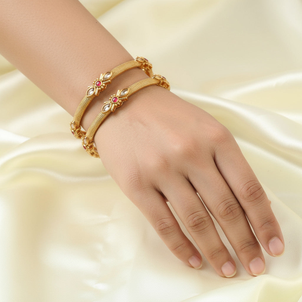 Set Of 4 Gold-Plated Ruby & Kundan-Studded Bangles