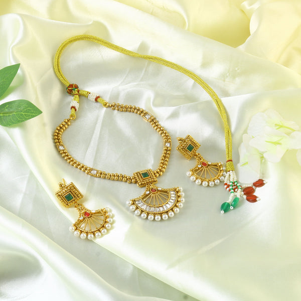 Gold Plated Ruby Red,Emrald and Pearl Studded Gold Beaded Handcrafted Jewellery Set