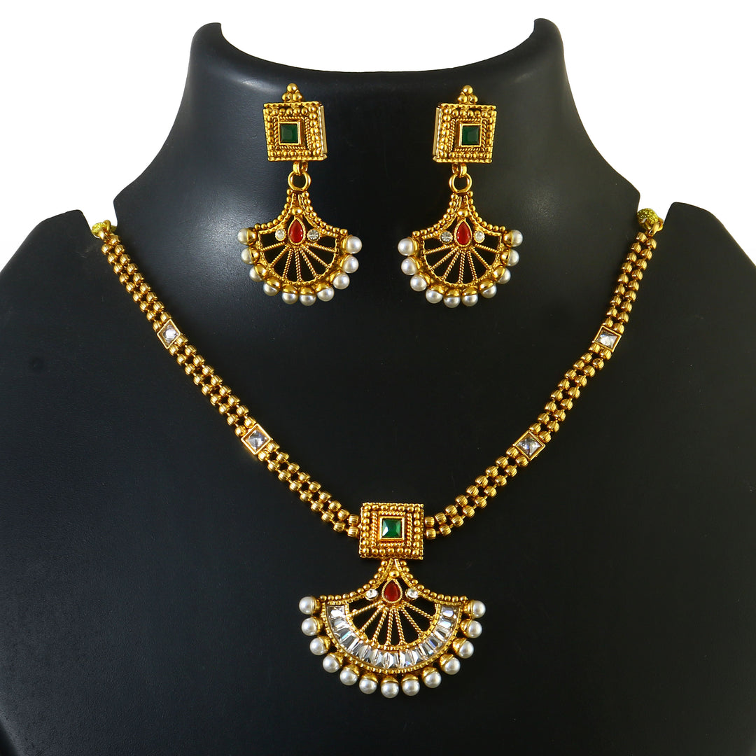 Gold Plated Ruby Red,Emrald and Pearl Studded Gold Beaded Handcrafted Jewellery Set