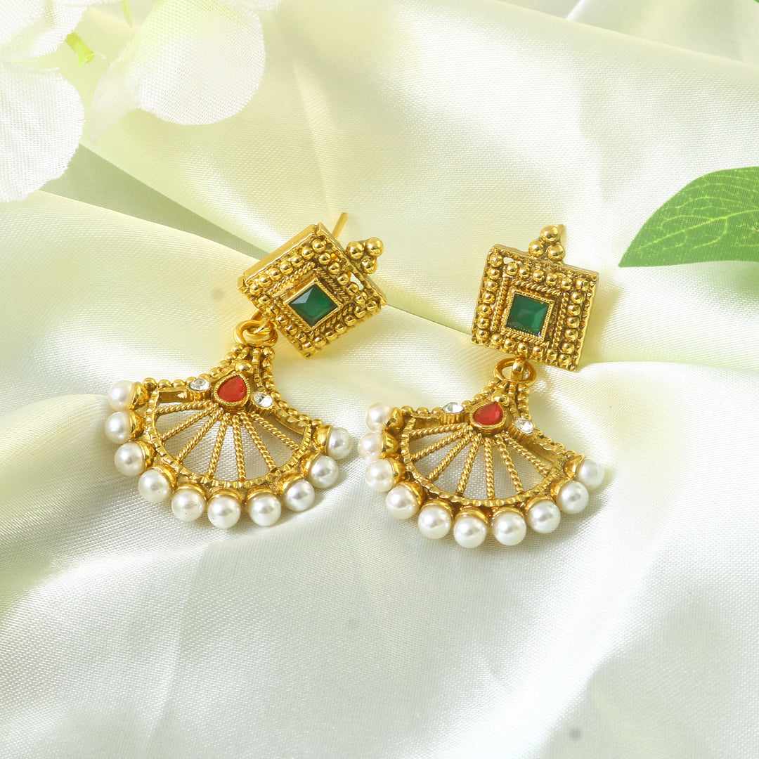 Gold Plated Ruby Red,Emrald and Pearl Studded Gold Beaded Handcrafted Jewellery Set