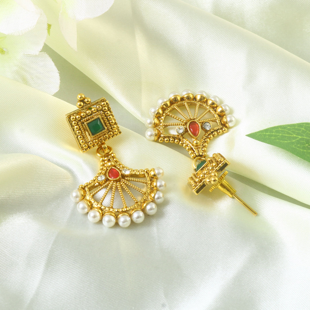 Gold Plated Ruby Red,Emrald and Pearl Studded Gold Beaded Handcrafted Jewellery Set