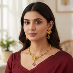 Load image into Gallery viewer, Gold Plated Ruby Red,Emrald and Pearl Studded Gold Beaded Handcrafted Jewellery Set
